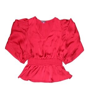 Vince Camuto Red Peplum Blouse Womens Medium V Neck Smocked Waist Balloon Sleeve